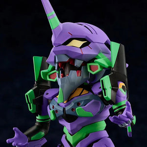 Close-up of the Nendoroid EVA Unit-01 figure's head and torso, showing the iconic purple and green color scheme and the mouth open in a roar.