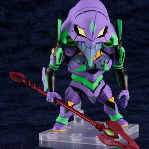 The Nendoroid EVA Unit-01 figure standing in a ready stance, holding the Spear of Cassius low.