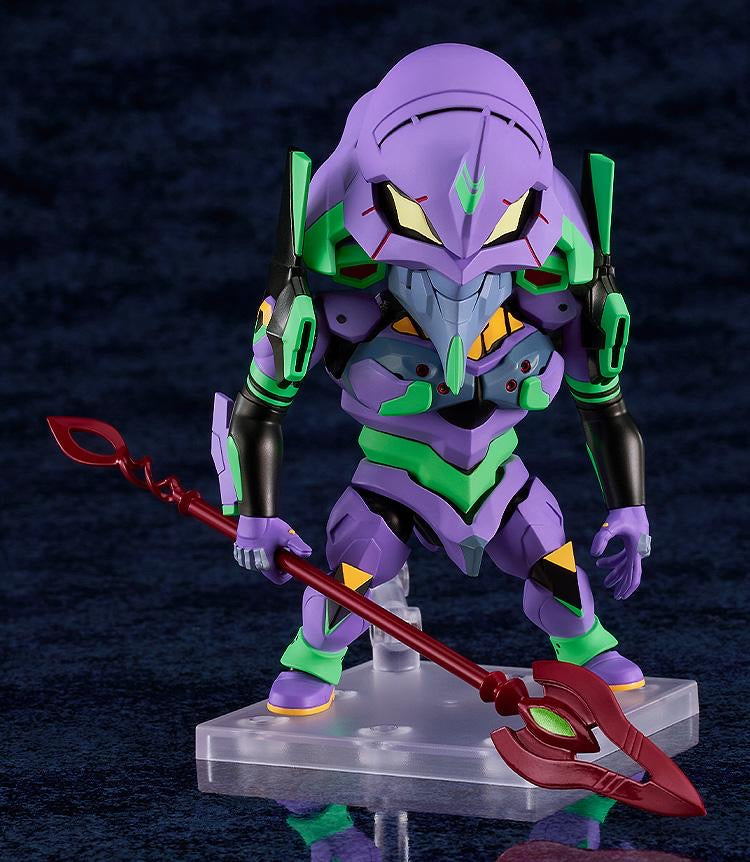 The Nendoroid EVA Unit-01 figure standing in a ready stance, holding the Spear of Cassius low.