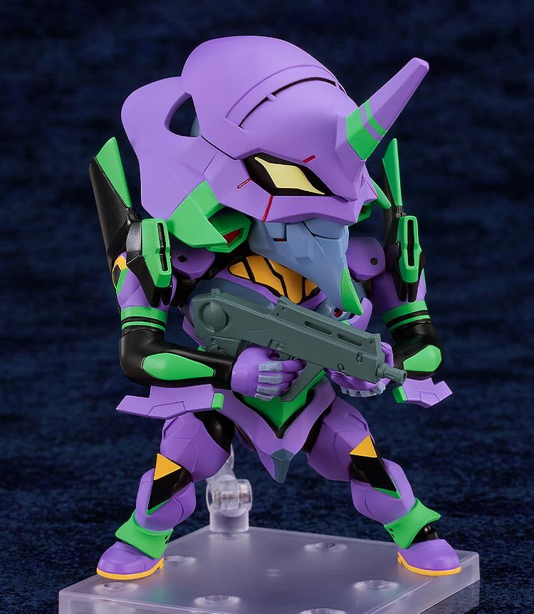 The Nendoroid EVA Unit-01 figure posed aggressively, holding the Pallet Rifle accessory in both hands.