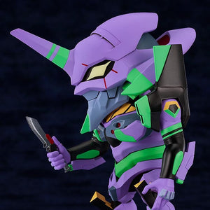 The Nendoroid EVA Unit-01 figure posed mid-action, holding the Progressive Knife accessory.