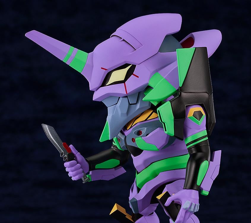 The Nendoroid EVA Unit-01 figure posed mid-action, holding the Progressive Knife accessory.
