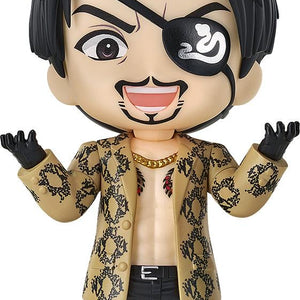 Full frontal view of the Good Smile Nendoroid Goro Majima figure, featuring his cheerful face and iconic snakeskin jacket.