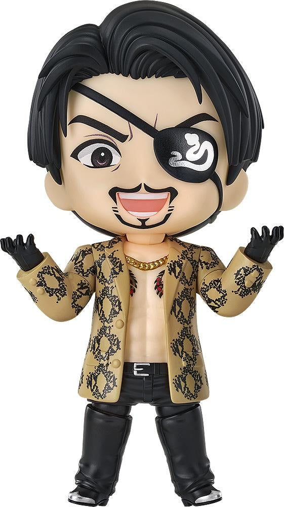Full frontal view of the Good Smile Nendoroid Goro Majima figure, featuring his cheerful face and iconic snakeskin jacket.