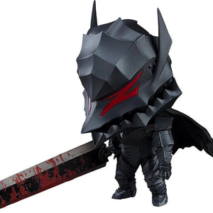 Full frontal view of the Good Smile Nendoroid Guts: Berserker Armor Ver. figure, wearing the menacing black helmet and holding the bloodied Dragon Slayer sword.