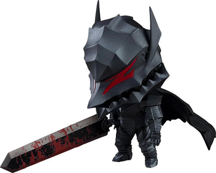 Full frontal view of the Good Smile Nendoroid Guts: Berserker Armor Ver. figure, wearing the menacing black helmet and holding the bloodied Dragon Slayer sword.