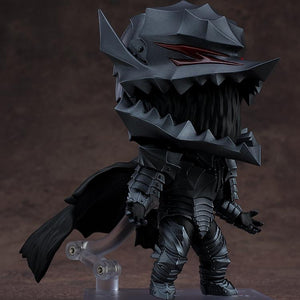 Guts Nendoroid figure in the Berserker Armor, posed mid-action with the helmet's mouth open, showing the dark inner void.