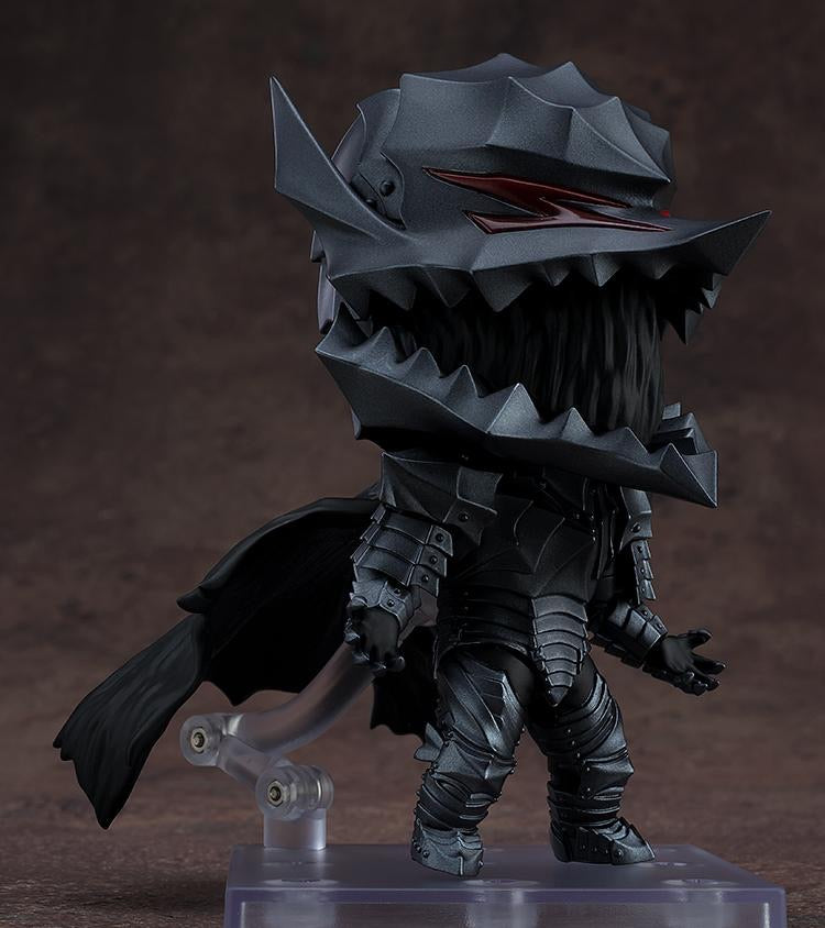 Guts Nendoroid figure in the Berserker Armor, posed mid-action with the helmet's mouth open, showing the dark inner void.