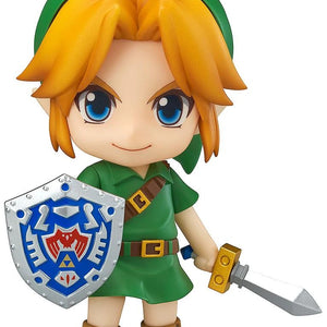 Full frontal view of the Good Smile Nendoroid Link: Majora's Mask 3D Ver. figure, holding the Kokiri Sword and Hero's Shield.