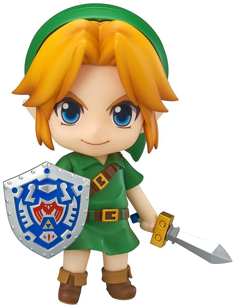 Full frontal view of the Good Smile Nendoroid Link: Majora's Mask 3D Ver. figure, holding the Kokiri Sword and Hero's Shield.