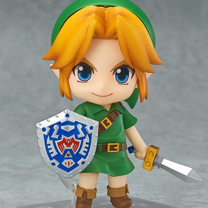 A close-up of the Nendoroid Link figure, featuring the standard smiling face plate, Kokiri Sword, and Hero's Shield accessories.