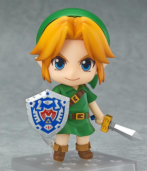 A close-up of the Nendoroid Link figure, featuring the standard smiling face plate, Kokiri Sword, and Hero's Shield accessories.