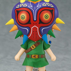 The Nendoroid Link figure wearing the massive, colorful Majora's Mask accessory over his head.