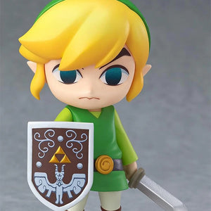 The Nendoroid Link figure in a neutral standing pose, holding his sword and shield, showcasing his cel-shaded, stylized design.