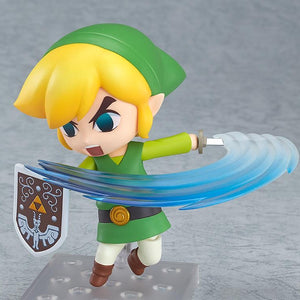 The Nendoroid Link figure in a dynamic action stance, featuring the shouting/combat face plate and the translucent blue sword swing effect part.
