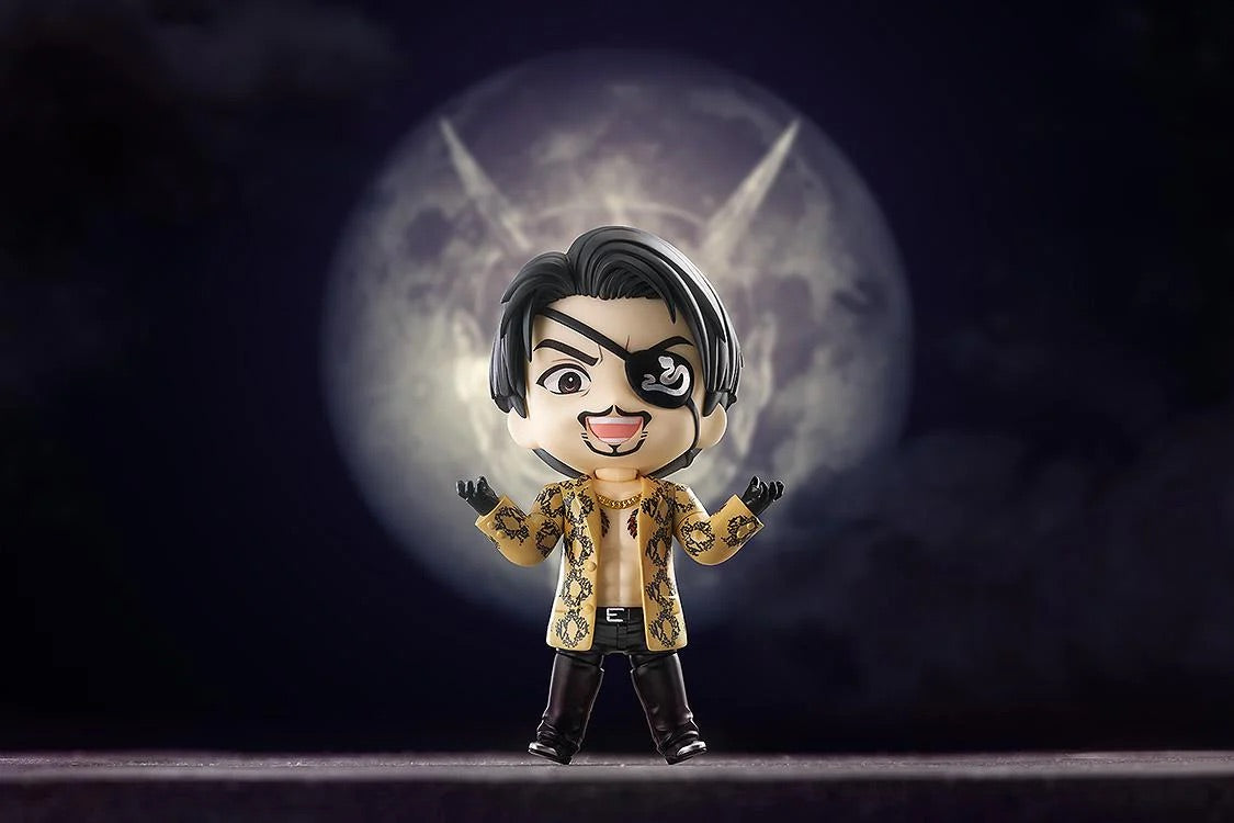 The Majima Nendoroid figure in a striking, dramatic pose against a large full moon background with a subtle demonic silhouette.