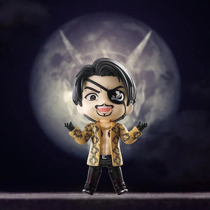 The Majima Nendoroid figure in a striking, dramatic pose against a large full moon background with a subtle demonic silhouette.