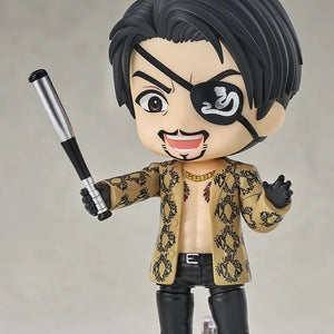 Majima Nendoroid figure with the smiling face, posed aggressively holding the included metal bat accessory.