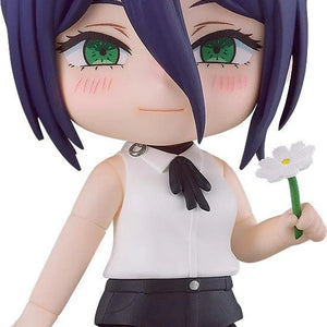 Full frontal close-up of the Good Smile Nendoroid Reze figure, holding a white flower accessory.