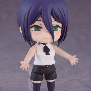 The Reze Nendoroid figure showcasing a full smile, wearing her white sleeveless shirt and black shorts.