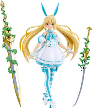 Full frontal view of the Good Smile PLAMATEA Altria Caster (Berserker) figure, displaying the aqua and white bunny girl outfit with her two swords.