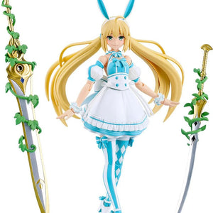 Full frontal view of the Good Smile PLAMATEA Altria Caster (Berserker) figure, displaying the aqua and white bunny girl outfit with her two swords.