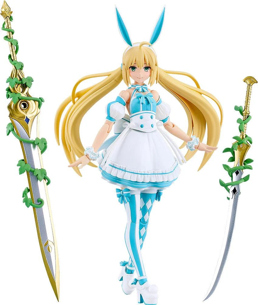 Full frontal view of the Good Smile PLAMATEA Altria Caster (Berserker) figure, displaying the aqua and white bunny girl outfit with her two swords.