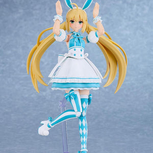 Altria Caster figure posed with her hands held high, featuring her aqua and white harlequin tights and bunny ears headband.