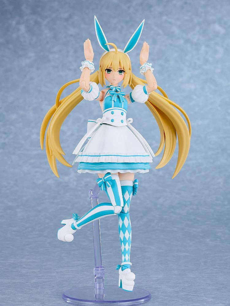 Altria Caster figure posed with her hands held high, featuring her aqua and white harlequin tights and bunny ears headband.