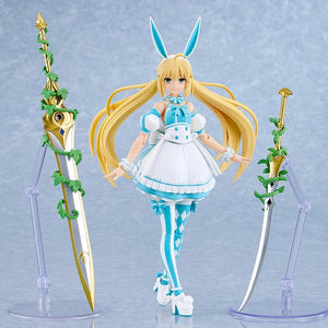 Altria Caster figure in a ready pose, flanked by the vine-wrapped gold sword (Mistilteinn) and the silver sword (Totsuka no Tsurugi).