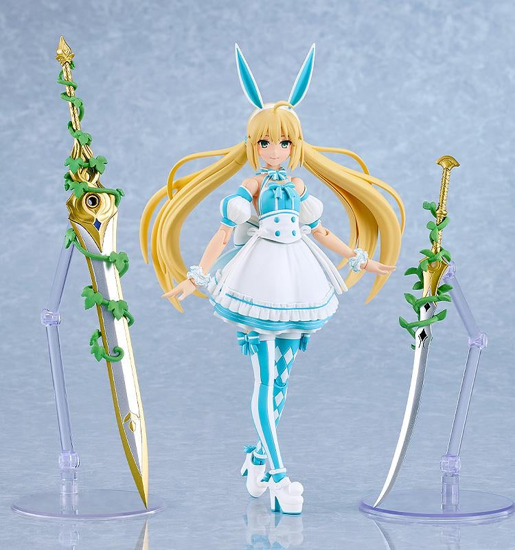 Altria Caster figure in a ready pose, flanked by the vine-wrapped gold sword (Mistilteinn) and the silver sword (Totsuka no Tsurugi).