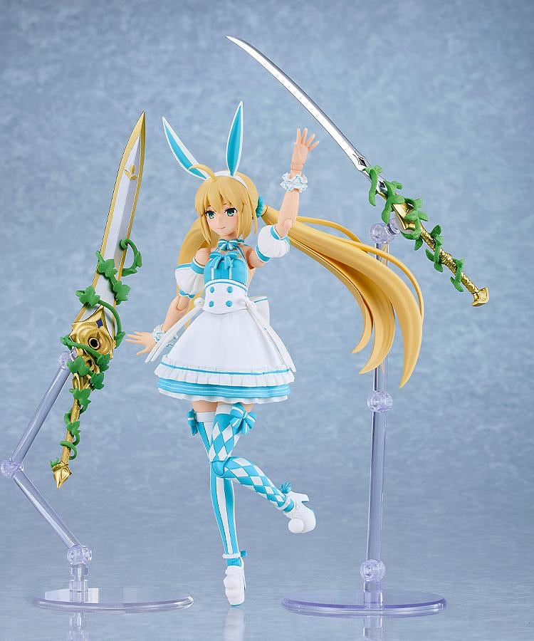 Altria Caster figure in a dynamic pose, holding one sword and raising her leg, showcasing her full outfit and articulation.