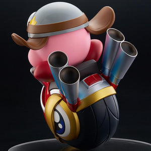 Back-right view of the Pop Up Parade Kirby Wheelie Rider against a black background, emphasizing the smooth sculpt of his helmet and the vehicle's rear wheel.