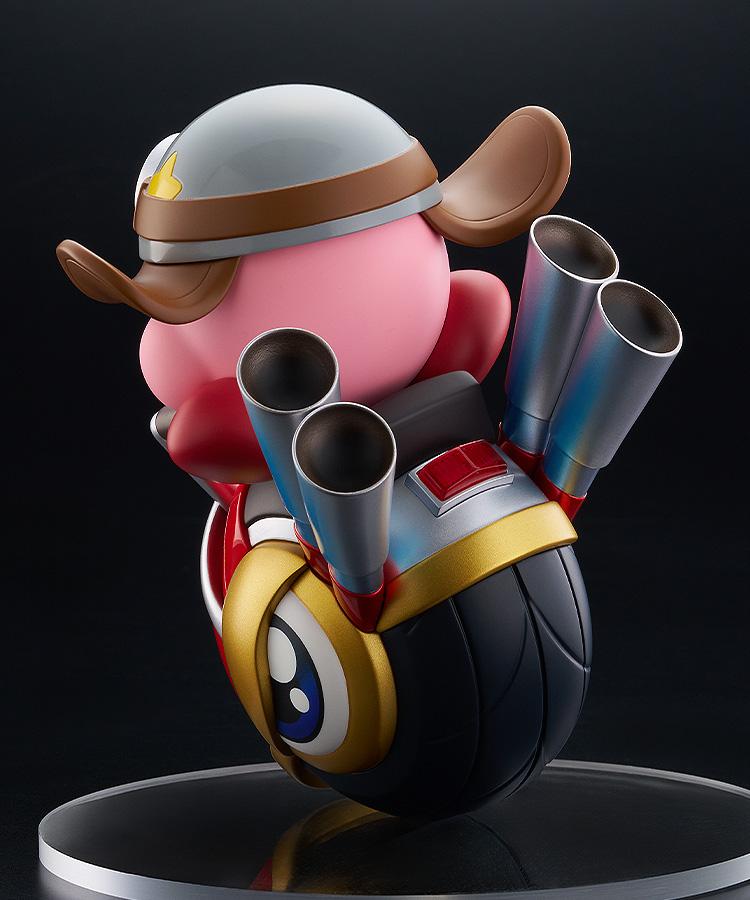 Back-right view of the Pop Up Parade Kirby Wheelie Rider against a black background, emphasizing the smooth sculpt of his helmet and the vehicle's rear wheel.