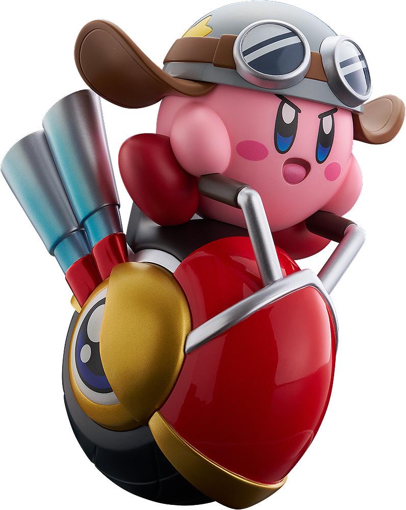 Front-right angle view of the Good Smile Pop Up Parade Kirby Wheelie Rider figure on a clean white background, showing Kirby in a grey helmet riding the red Wheelie enemy.