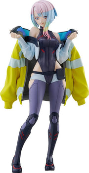 Full frontal view of the Good Smile POP UP PARADE L Lucy Figure, pulling down her iconic yellow jacket with a smirk.