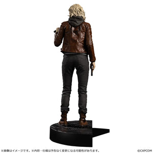 Rear view of the Grace Ashcroft Capcom Figure Builder statue, detailing her brown leather jacket, hoodie, and tactical clothing.