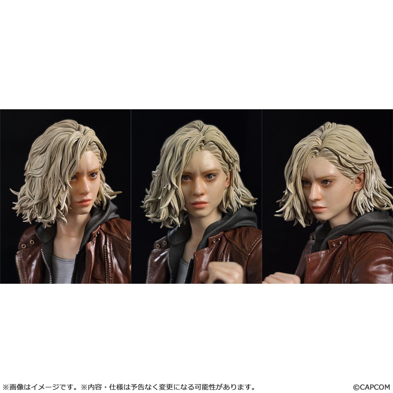 A collage of three close-up angles showcasing the highly detailed face sculpt, expression, and blonde hair texture of the Grace Ashcroft figure.