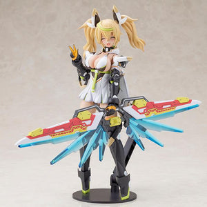 Full body side profile view of the Grande Scale Gene Stellatears model kit figure making a peace sign while holding the deployed red and blue Fossil Bauer weapon.