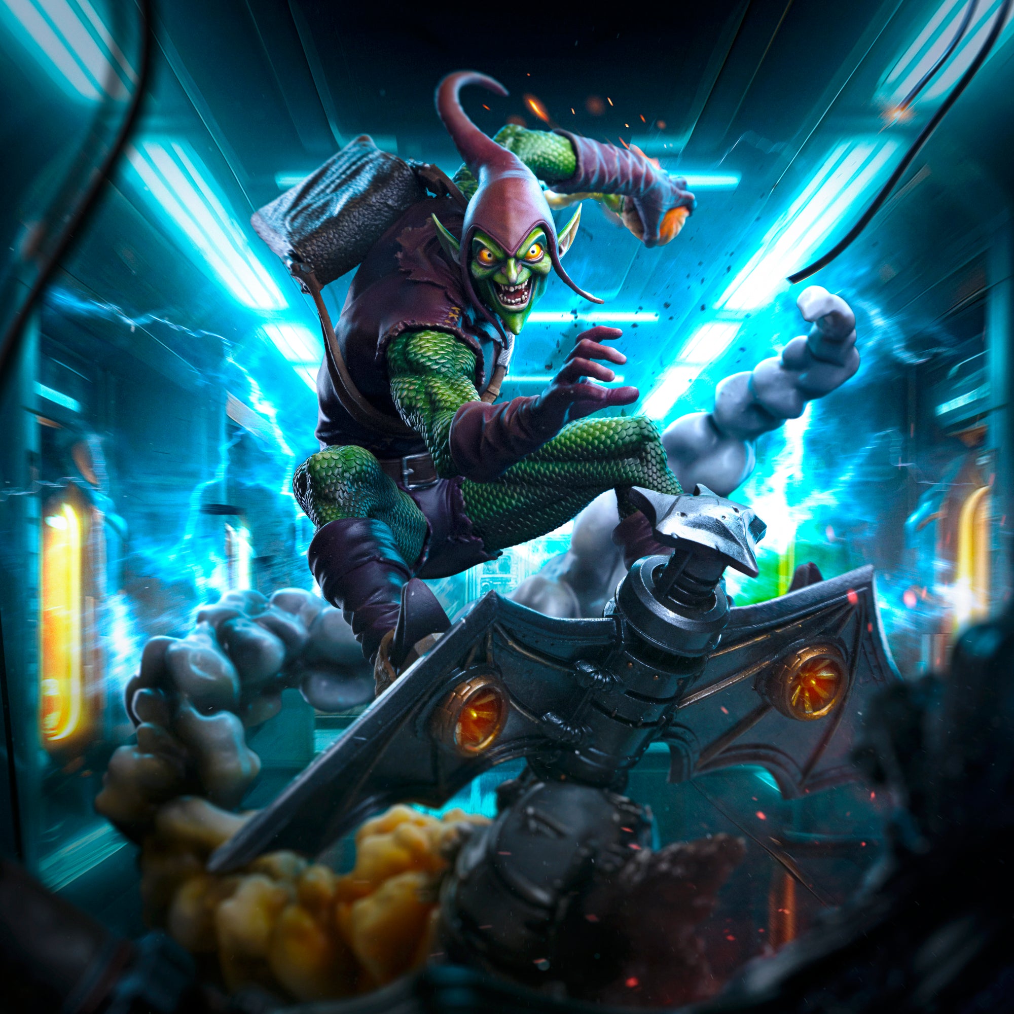 Composite view of the Iron Studios Green Goblin statue showcasing the character and detailed rocket-propelled glider.