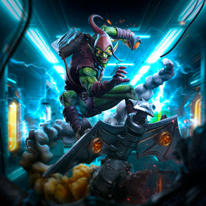 Composite view of the Iron Studios Green Goblin statue showcasing the character and detailed rocket-propelled glider.