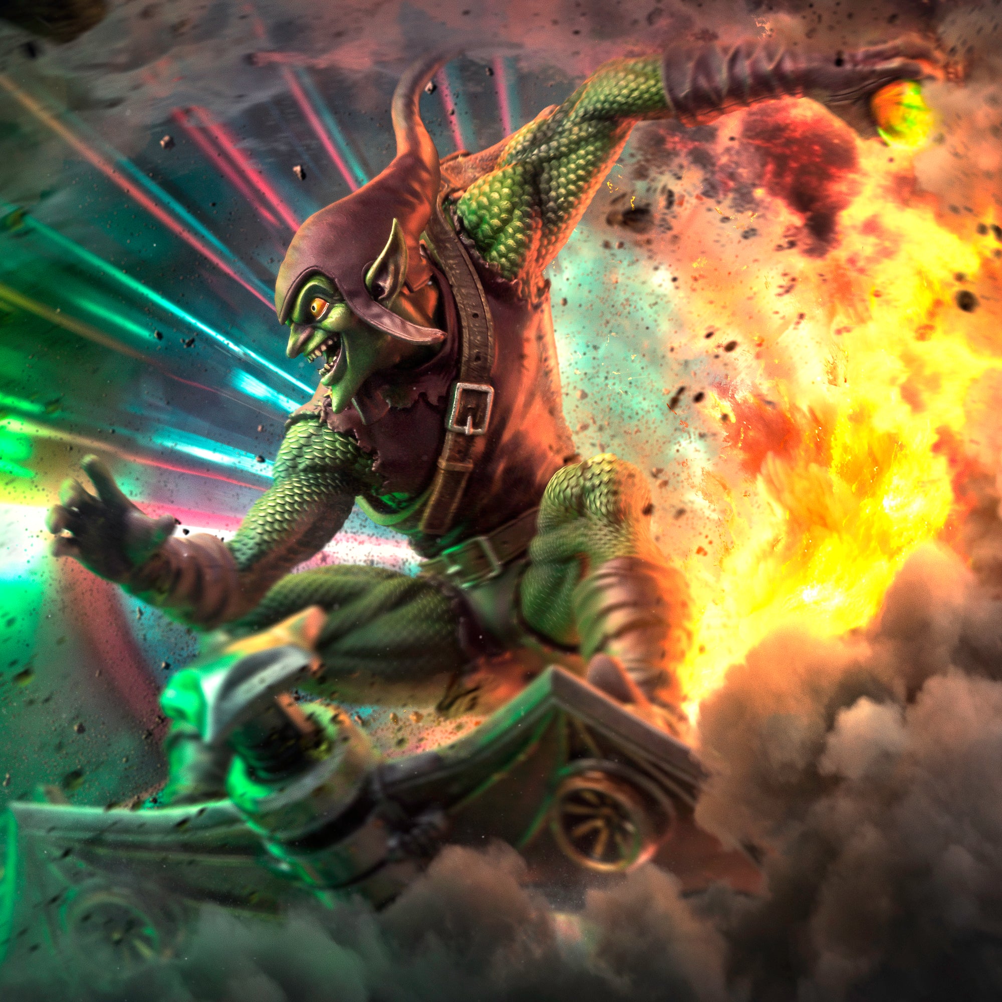 Cinematic color shot of the Green Goblin statue on his glider amidst a massive laboratory explosion.