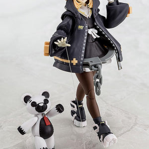 Full-body shot of Bridget in her black hoodie standing next to a white Roger bear, showing the complete Guilty Gear -Strive- set.