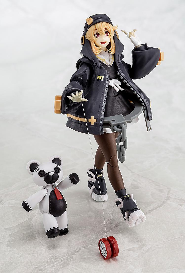 Full-body shot of Bridget in her black hoodie standing next to a white Roger bear, showing the complete Guilty Gear -Strive- set.