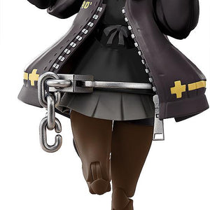 A dynamic action pose of the Bridget Black Color Ver. articulated model kit from Guilty Gear -Strive- holding a red yo-yo.