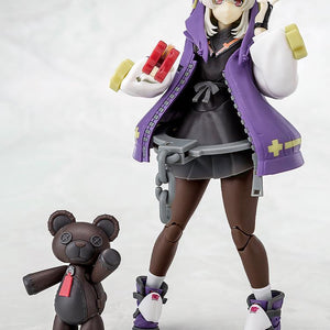 Full-body shot of Bridget in her purple hoodie standing next to a black Roger bear, showing the complete Guilty Gear -Strive- set.