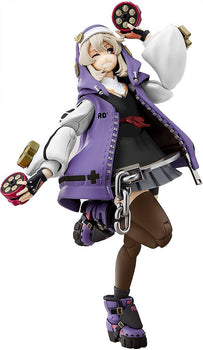 A dynamic action pose of the Bridget Purple Color Ver. articulated model kit from Guilty Gear -Strive- holding red yo-yos.