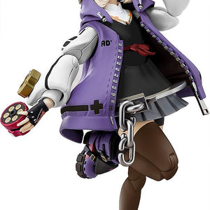 A dynamic action pose of the Bridget Purple Color Ver. articulated model kit from Guilty Gear -Strive- holding red yo-yos.