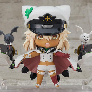 Action-packed battle pose of the Ramlethal Valentine Nendoroid figure shouting with wide open arms and floating weapons.