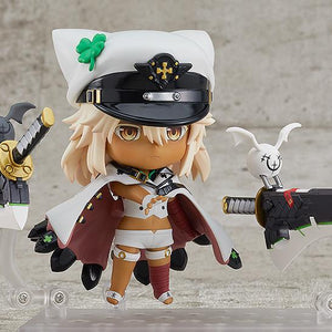 Ramlethal Valentine Nendoroid figure posing with clasped hands in front of her white cape and floating greatswords.